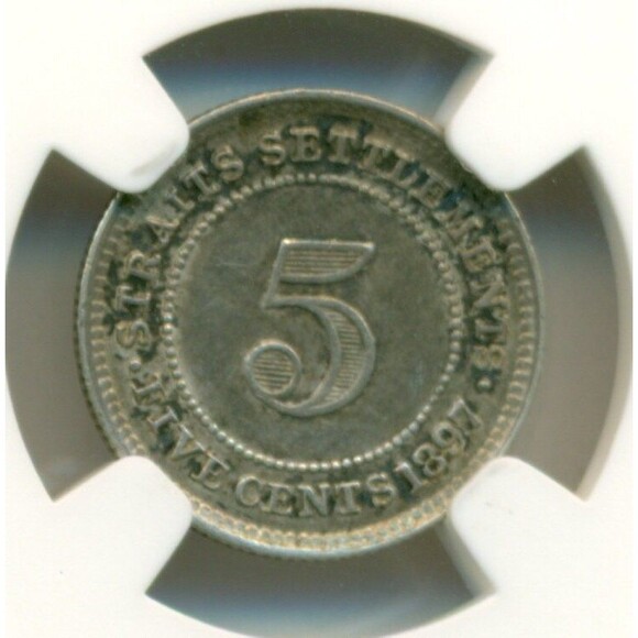 Straits Settlements (Malaysia) Victoria 1897 H Silver 5 Cents AU Details NGC - Picture 4 of 4